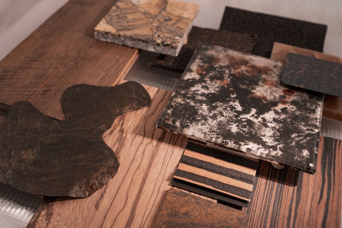 A selection of staircase material samples arranged on a workbench, including timber tread pieces, a steel stringer section, and a glass balustrade panel beside a partially assembled custom stair mock-up in a workshop